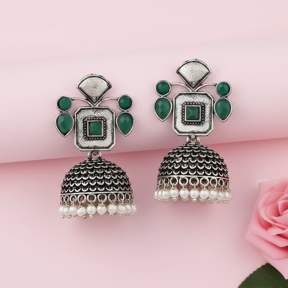 Green Stone Studded Statement Earrings With Hanging Jhumka Embellished With Baby Pearls
