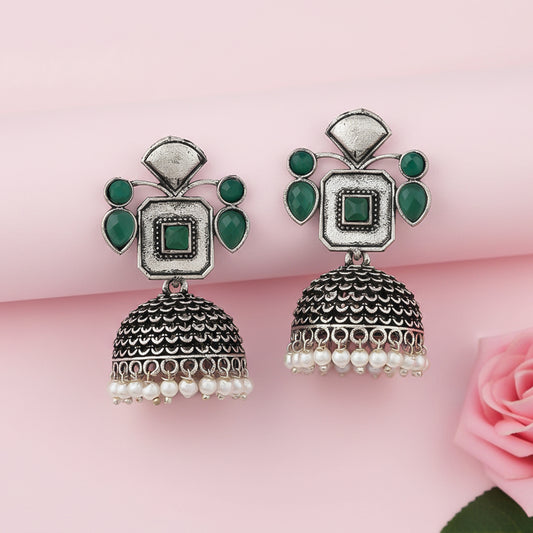 Green Stone Studded Statement Earrings With Hanging Jhumka Embellished With Baby Pearls