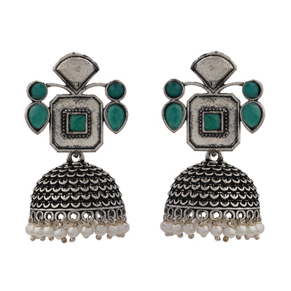 Green Stone Studded Statement Earrings With Hanging Jhumka Embellished With Baby Pearls