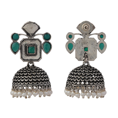 Green Stone Studded Statement Earrings With Hanging Jhumka Embellished With Baby Pearls