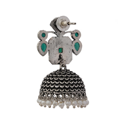 Green Stone Studded Statement Earrings With Hanging Jhumka Embellished With Baby Pearls