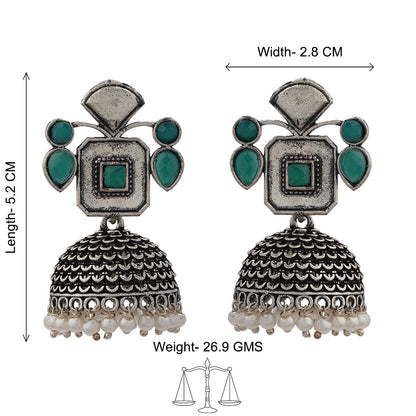 Green Stone Studded Statement Earrings With Hanging Jhumka Embellished With Baby Pearls