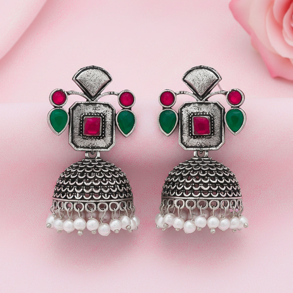 Multicolored Stone Studded Statement Earrings With Hanging Jhumka Embellished With Baby Pearls