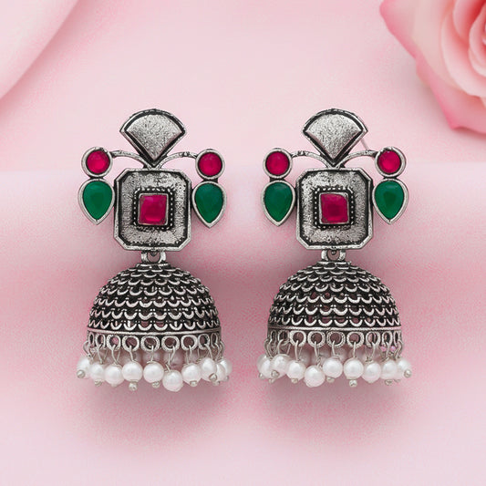 Multicolored Stone Studded Statement Earrings With Hanging Jhumka Embellished With Baby Pearls