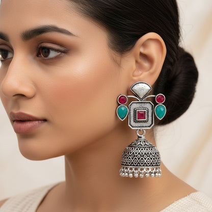 Multicolored Stone Studded Statement Earrings With Hanging Jhumka Embellished With Baby Pearls