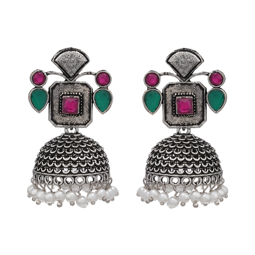 Multicolored Stone Studded Statement Earrings With Hanging Jhumka Embellished With Baby Pearls
