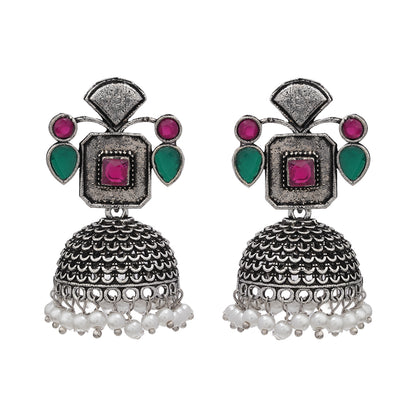 Multicolored Stone Studded Statement Earrings With Hanging Jhumka Embellished With Baby Pearls