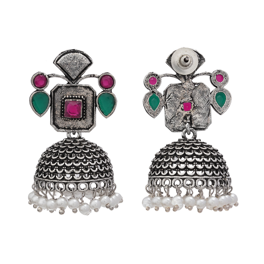 Multicolored Stone Studded Statement Earrings With Hanging Jhumka Embellished With Baby Pearls