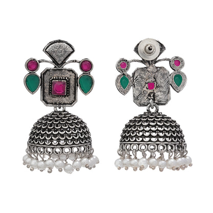Multicolored Stone Studded Statement Earrings With Hanging Jhumka Embellished With Baby Pearls