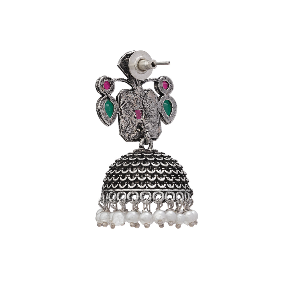 Multicolored Stone Studded Statement Earrings With Hanging Jhumka Embellished With Baby Pearls