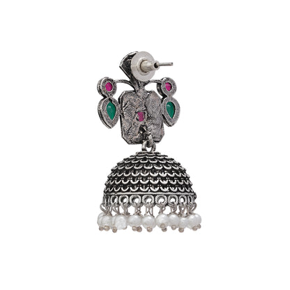 Multicolored Stone Studded Statement Earrings With Hanging Jhumka Embellished With Baby Pearls