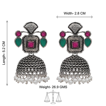 Multicolored Stone Studded Statement Earrings With Hanging Jhumka Embellished With Baby Pearls