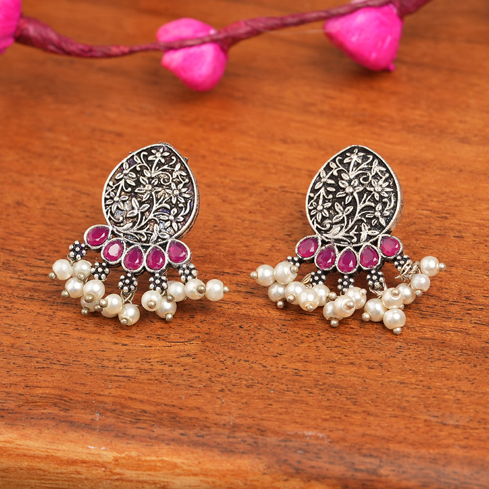 Zari carving drop stud earring (Red)