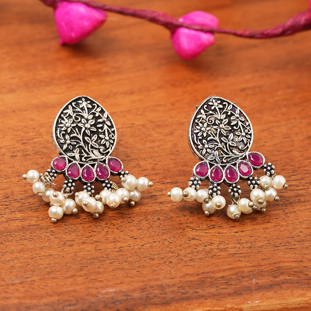 Zari carving drop stud earring (Red)