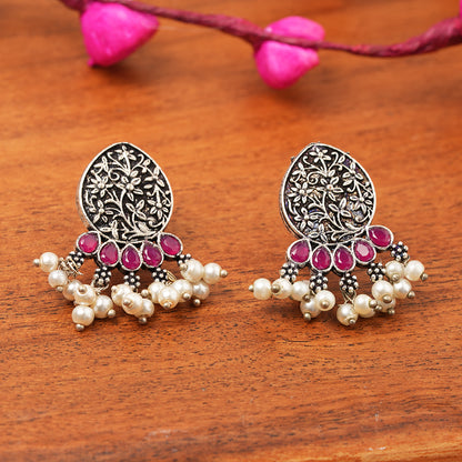 Zari carving drop stud earring (Red)
