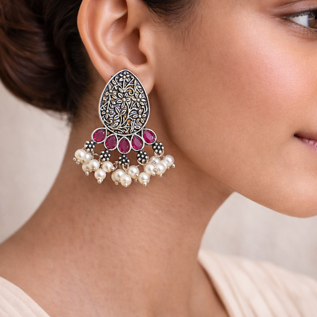 Zari carving drop stud earring (Red)