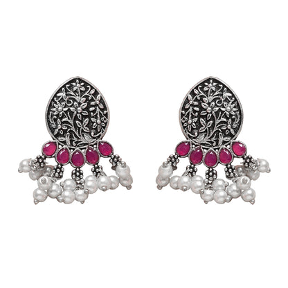 Zari carving drop stud earring (Red)