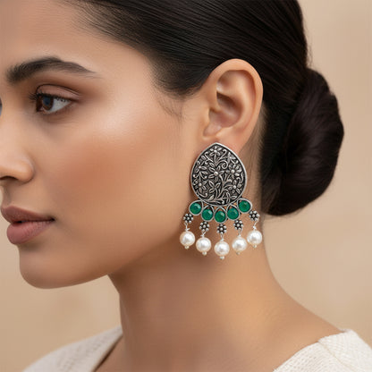 Zari carving drop stud earring (Green)