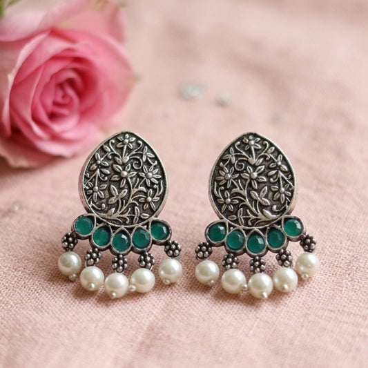 Zari carving drop stud earring (Green)
