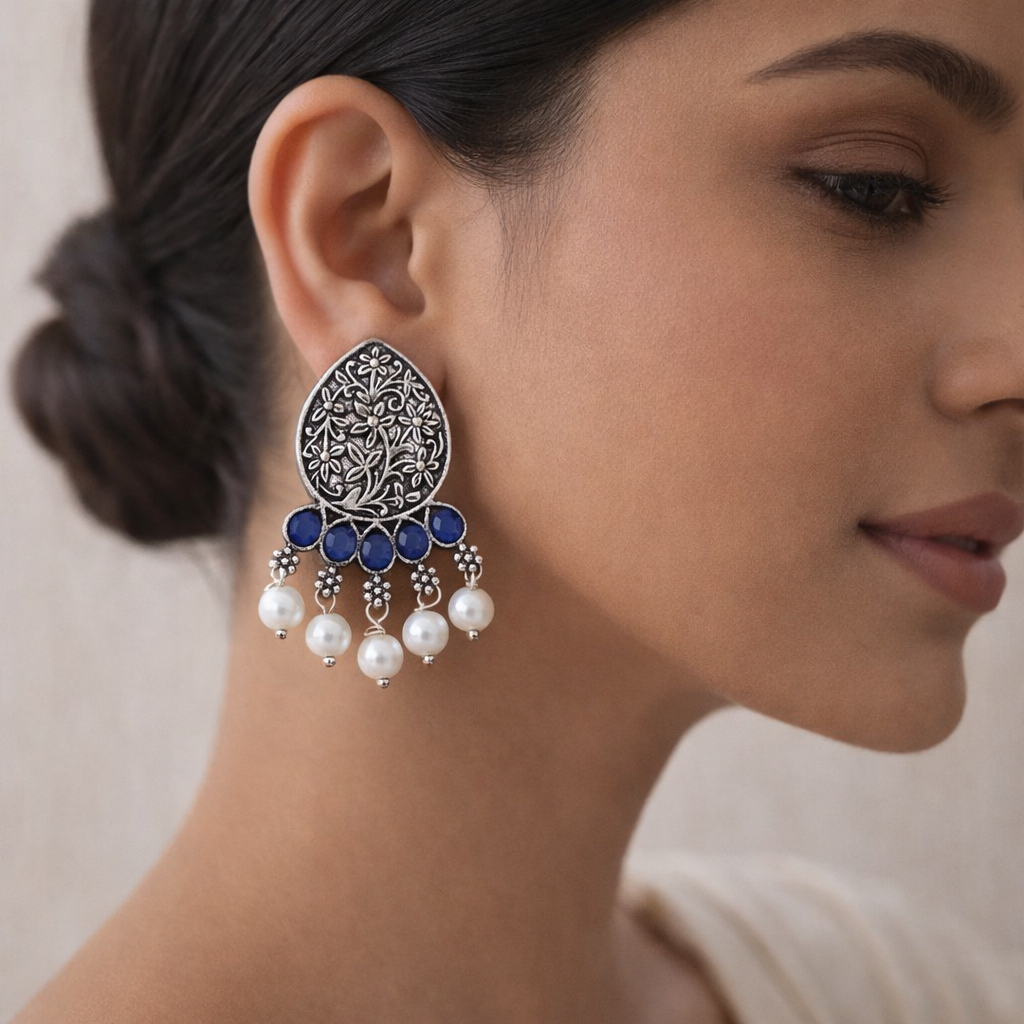 Zari carving drop stud earring (Blue)