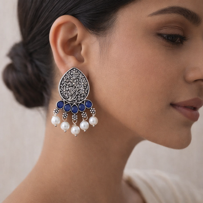 Zari carving drop stud earring (Blue)