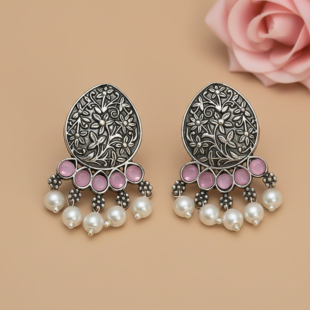 Zari carving drop stud earring (Baby Pink)