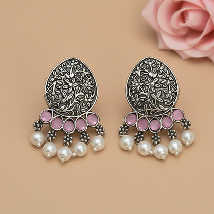Zari carving drop stud earring (Baby Pink)