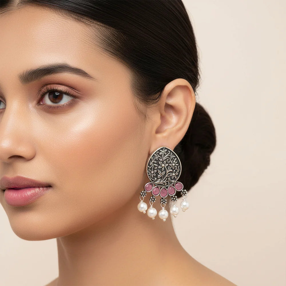 Peacock glow stone studded dangler & Zari carving drop stud earring Combo set
