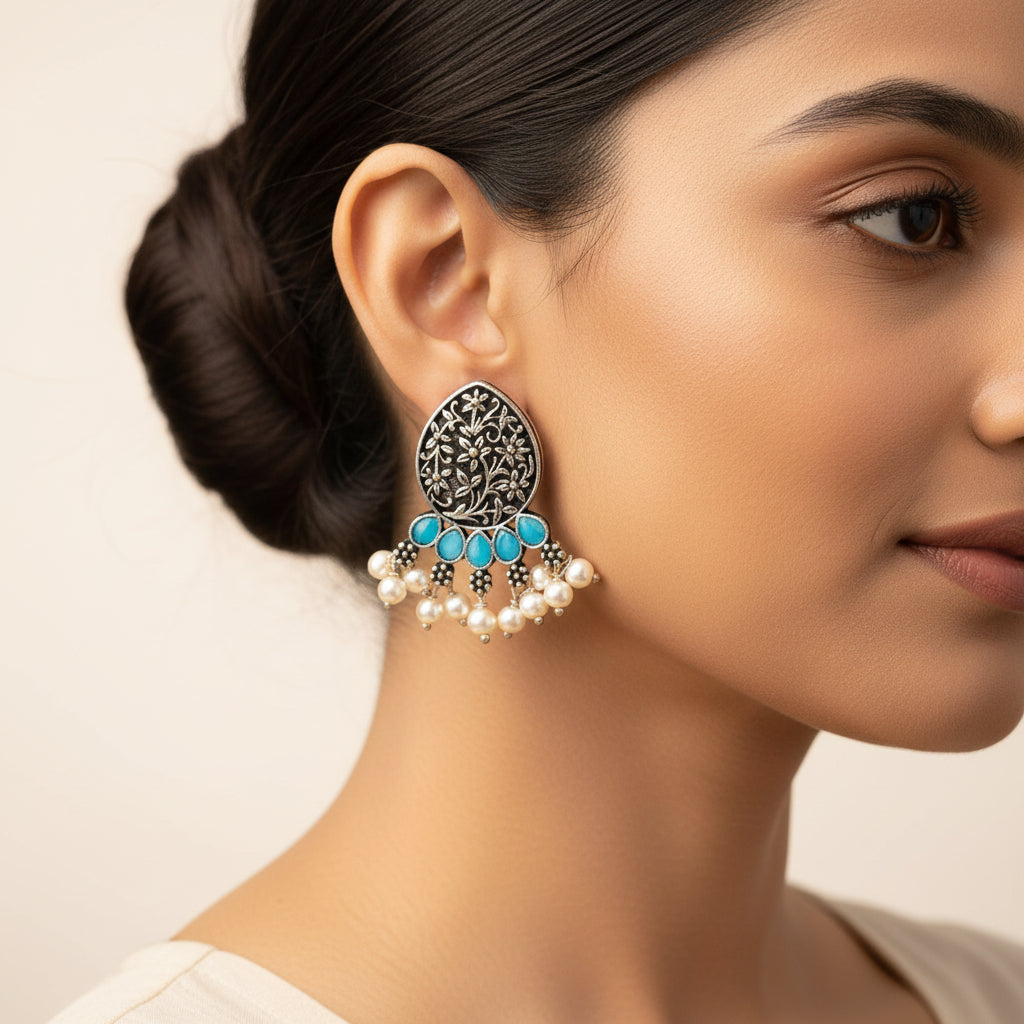 Zari carving drop stud earring (Sky Blue)