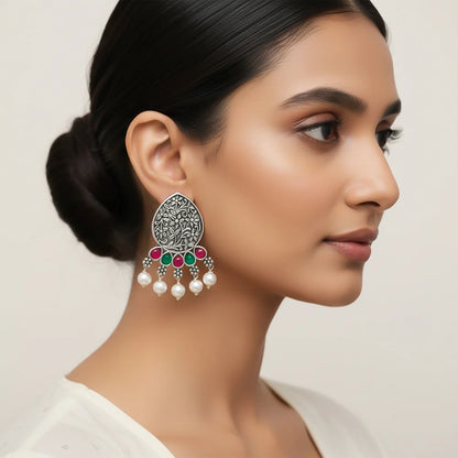 Peacock glow stone studded dangler & Zari carving drop stud earring Combo set