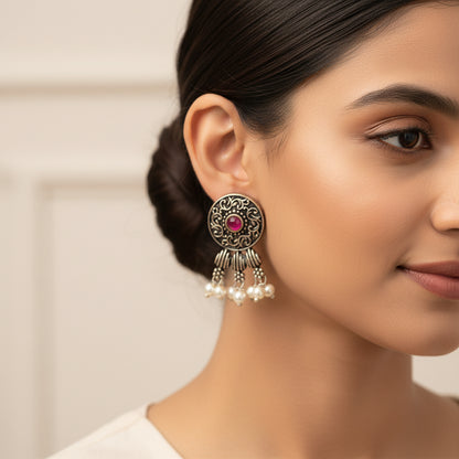 Button rays stud earring (Red)