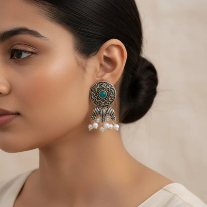 Kalash Kamal earring (Light Orange) Button rays stud earring (Green) Combo set
