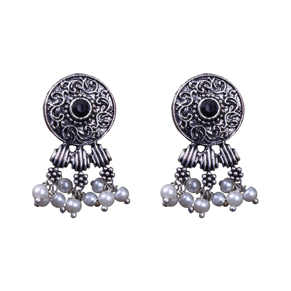 Royal Triple Bell Layered Jhumka Earring (Black) Button rays stud earring (Black) Combo set