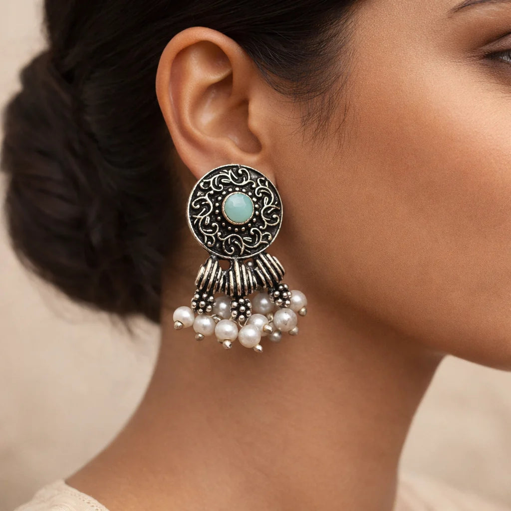 Peacock glow stone studded dangler & Button rays stud earring Combo set