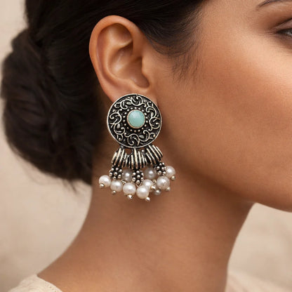Peacock glow stone studded dangler & Button rays stud earring Combo set