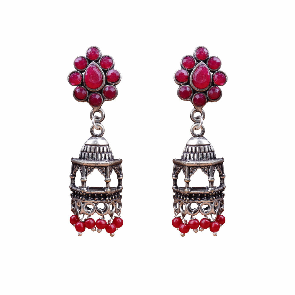 Floral Jharokha jhumki earrings (Red)