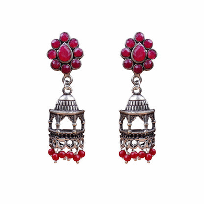 Floral Jharokha jhumki earrings (Red)