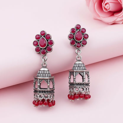 Floral Jharokha jhumki earrings (Red)