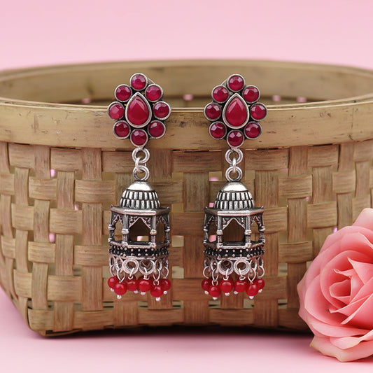 Floral Jharokha jhumki earrings (Red)
