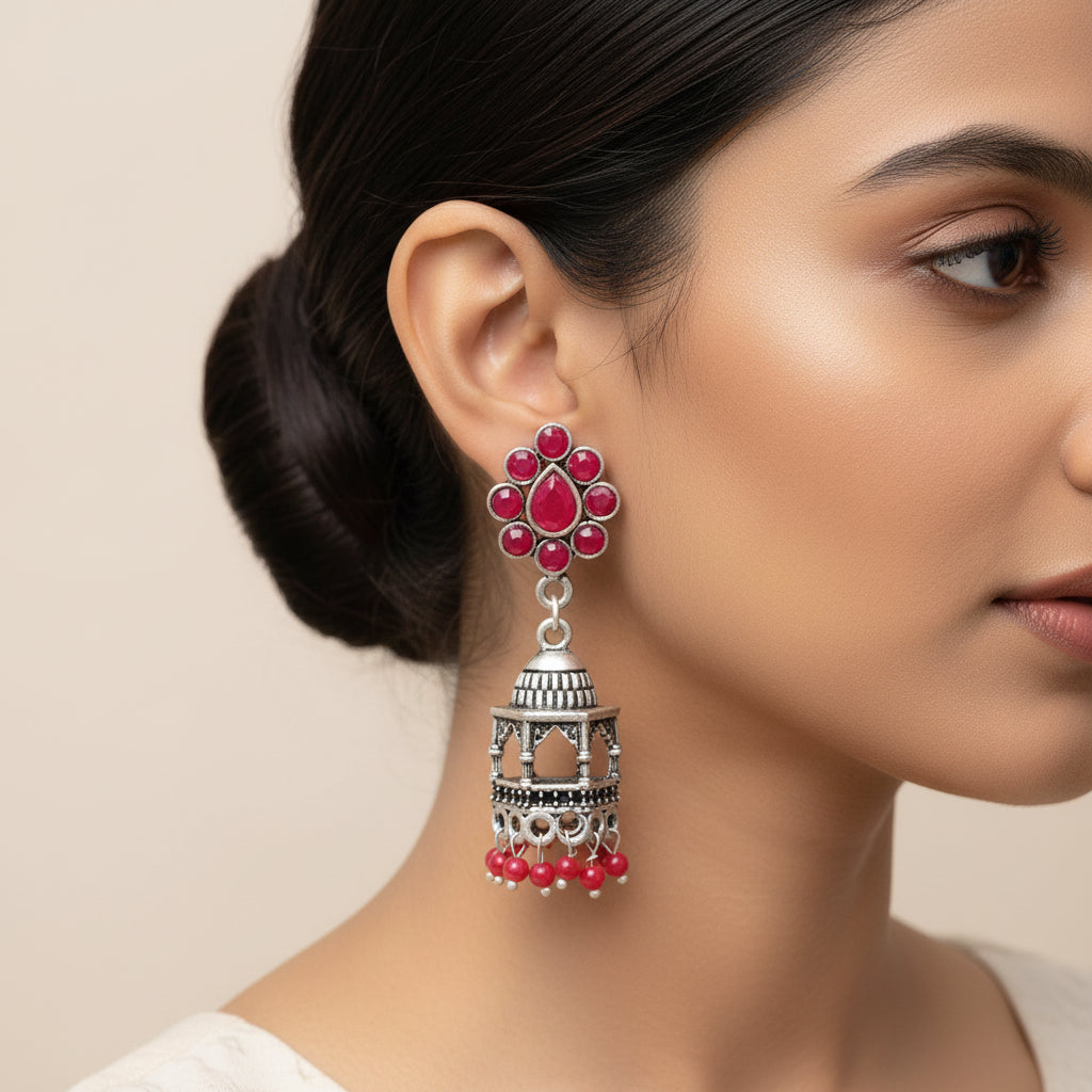 Floral Jharokha jhumki earrings (Red)