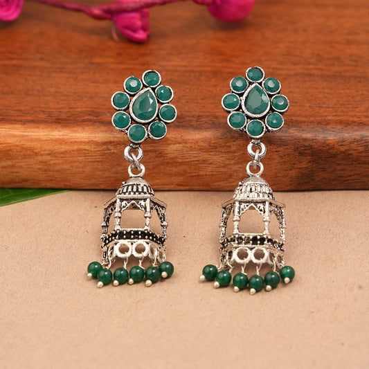 Floral Jharokha jhumki earrings (Green)