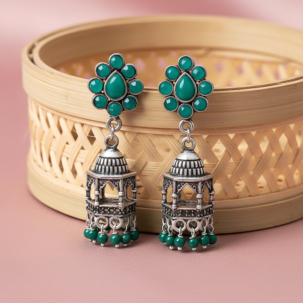 Floral Jharokha jhumki earrings (Green)