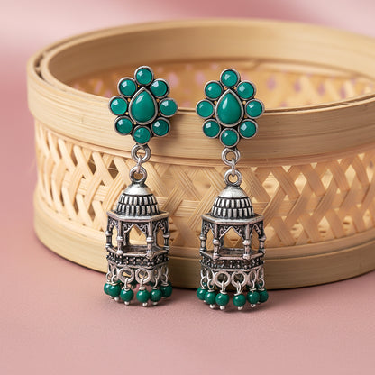 Floral Jharokha jhumki earrings (Green)