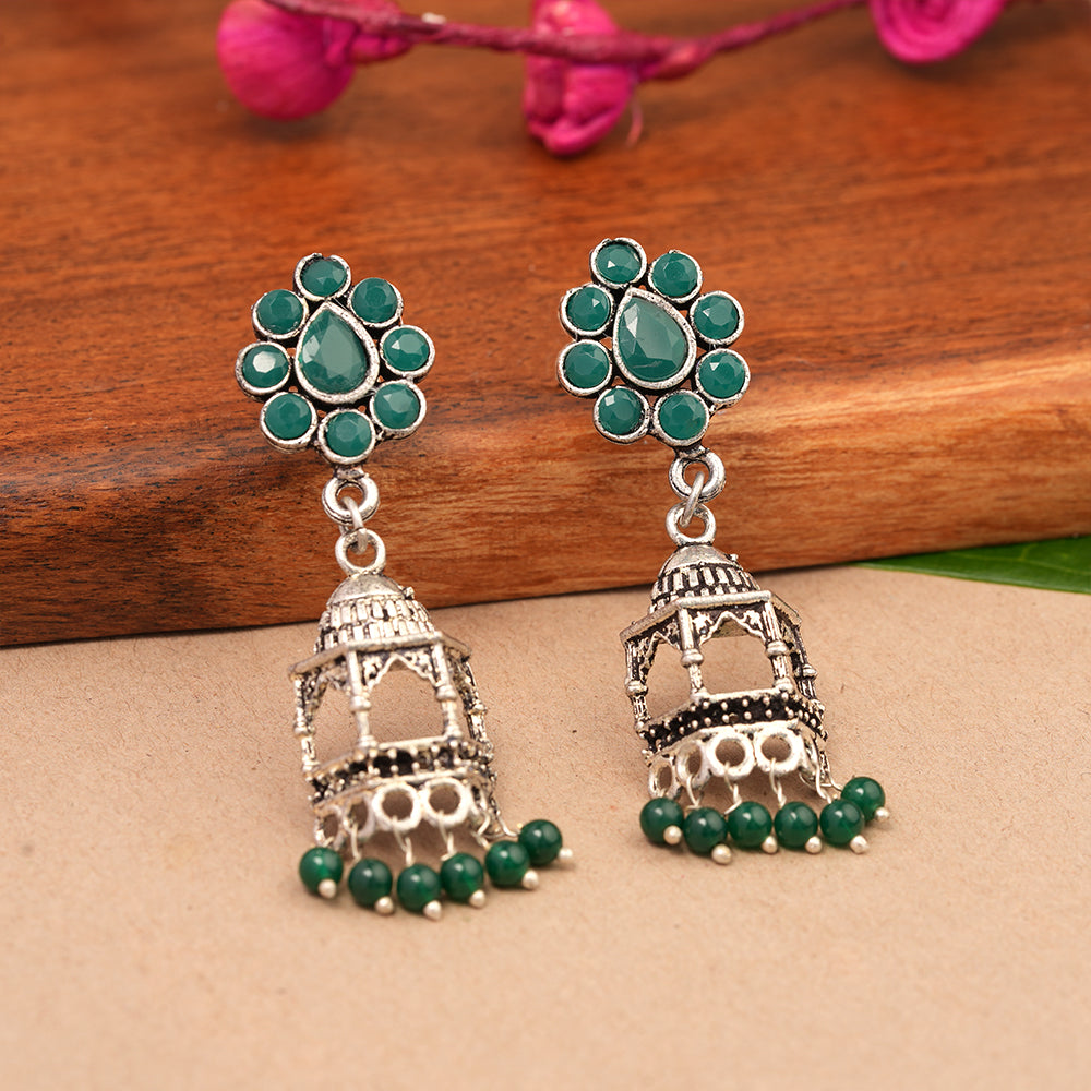 Floral Jharokha jhumki earrings (Green)
