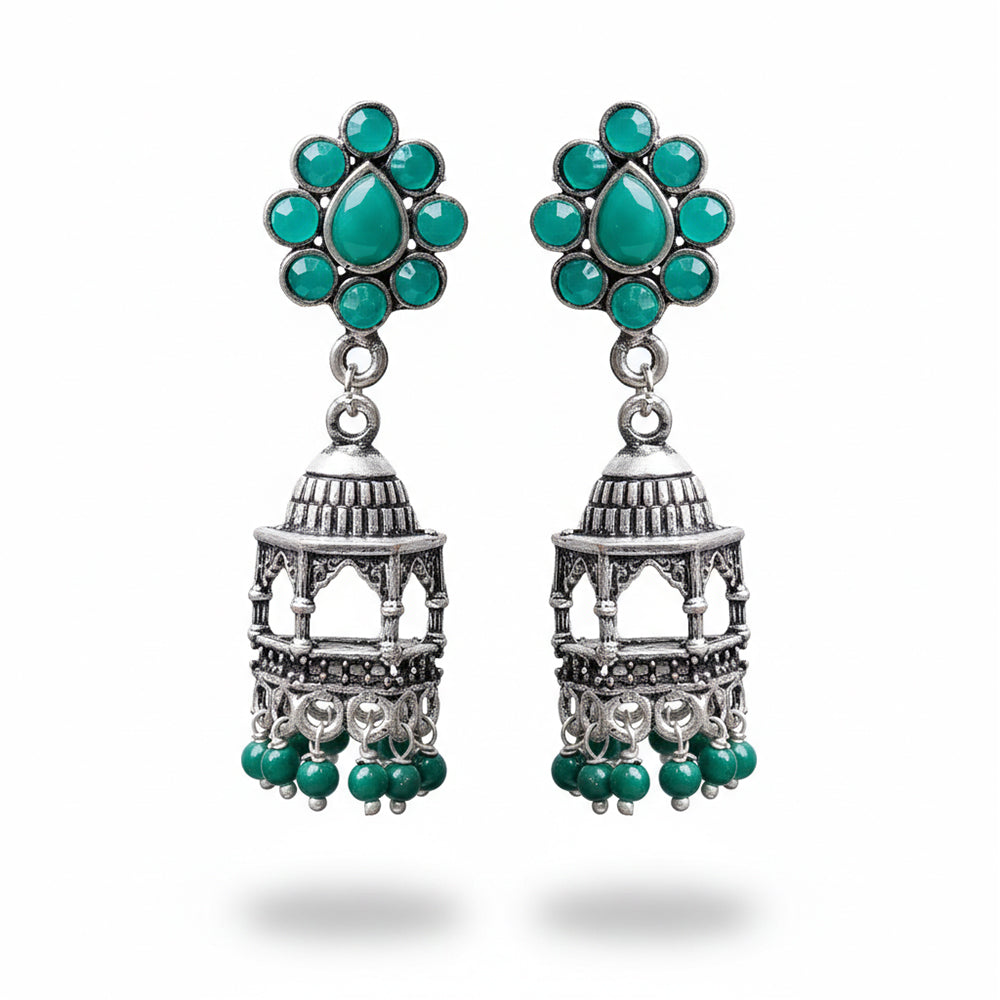 Floral Jharokha jhumki earrings (Green)