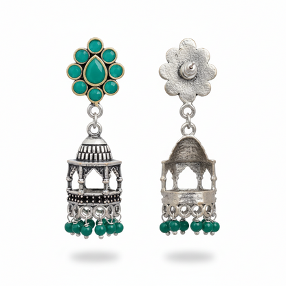 Floral Jharokha jhumki earrings (Green)