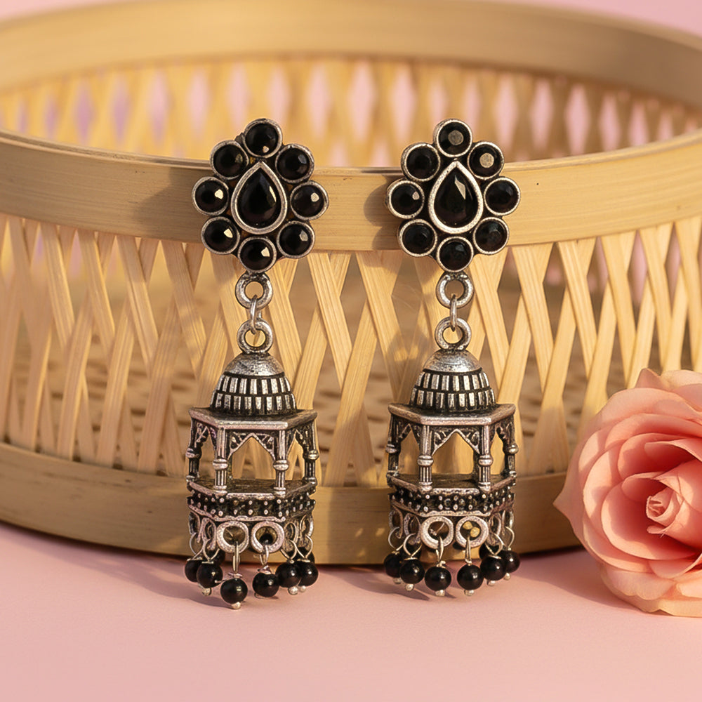 Floral Jharokha jhumki earrings (Black)