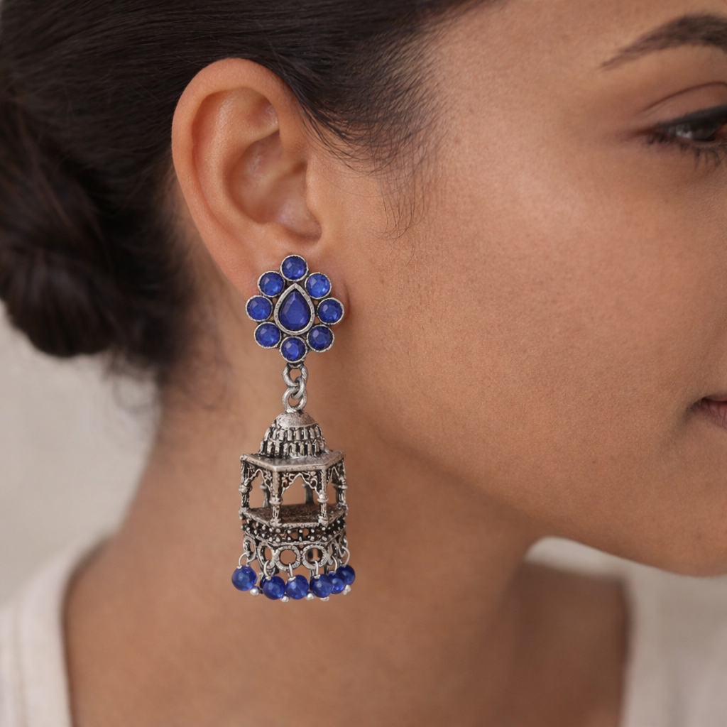 Floral Jharokha jhumki earrings (Blue)