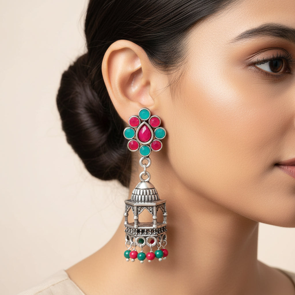 Floral Jharokha jhumki earrings (Multicolored)