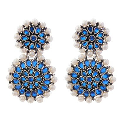 Evergreen earrings (Black) Double boho floral dangler earring (Blue) Combo set